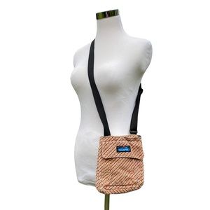 KAVU Crossbody Shoulder Bag Keeper Adjustable Canvas Bag Red Tan Stripes
